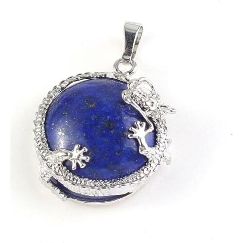 100-Unique Silver Plated Half Round Ball Bead with Chinese Style Dragon Pendant Lapis Lazuli Jewelry