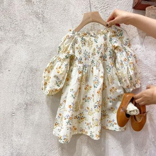 2-7 Y Baby Girls Dress 2021 Spring Kids Cute Puff Sleeve Cotton Dress Korean Floral Print Princess Dress for Girl Kids Clothing