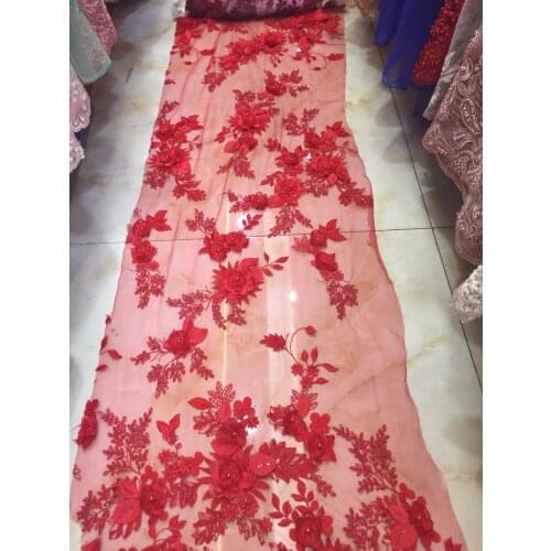 5yards NE012 good quality nice red 3d FLOWER beads pearls sequin embroidery Tulle lace fabric for evening dress/wedding
