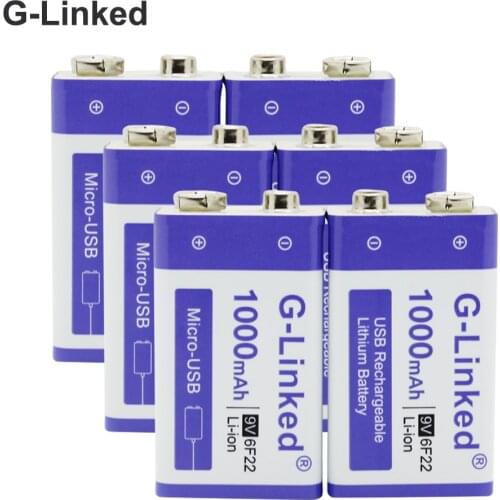 6PCS 9V USB Rechargeable Battery Lithium 6F22 9V Li-ion Batteries for Smoke Alarm Metal Detector 9V Rechargeable Batteries