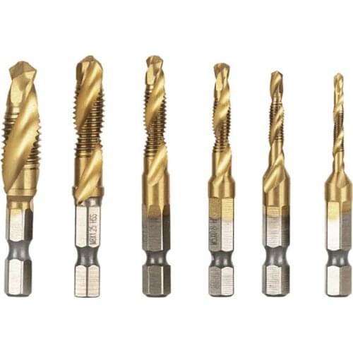 6PCS/Set M3 M4 M5 M6 M8 M10 HSS Hex Shank Metric Taps Titanium Coated / White Diamond Composite Drill Tap Set for Soft Metal