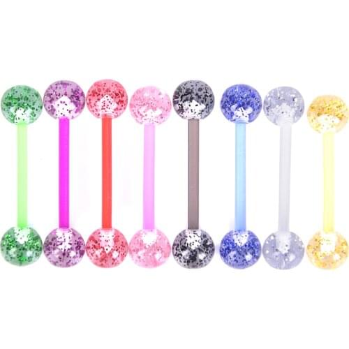 8pcs/lot Soft Acrylic Barbell Sex Tongue Piercing Tongue Rings Flashing Powder Plastic Nipple Ring Ear Body Jewelry