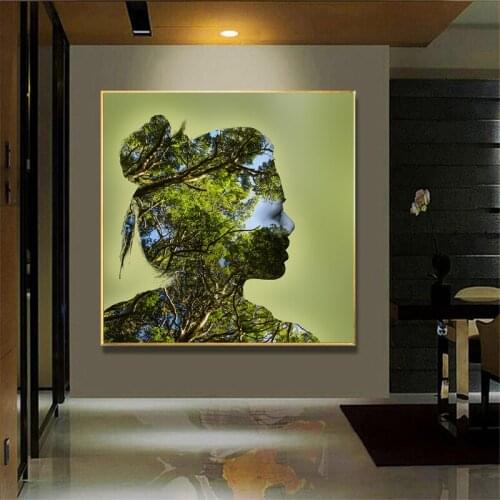 Abstract Decorative Painting the Forest in Girl Portrait Picture Figure Wall Art Nordic For Living Room Decor