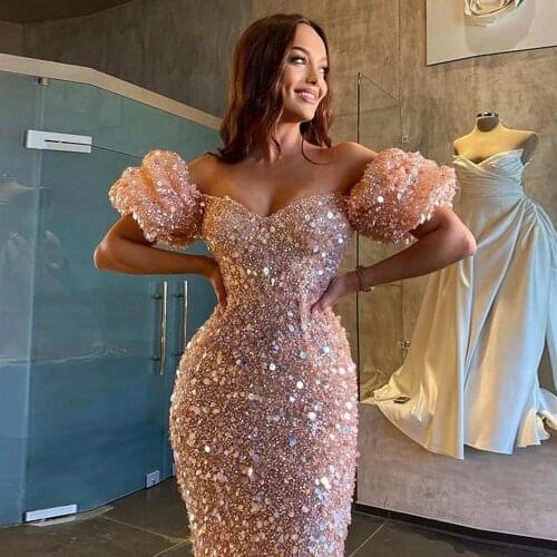 Sparkly Sequins Pink Evening Dresses Long 2021 Off The Shoulder Short Sleeves Prom Party Gown Sweetheart Glitter robes de soirée
