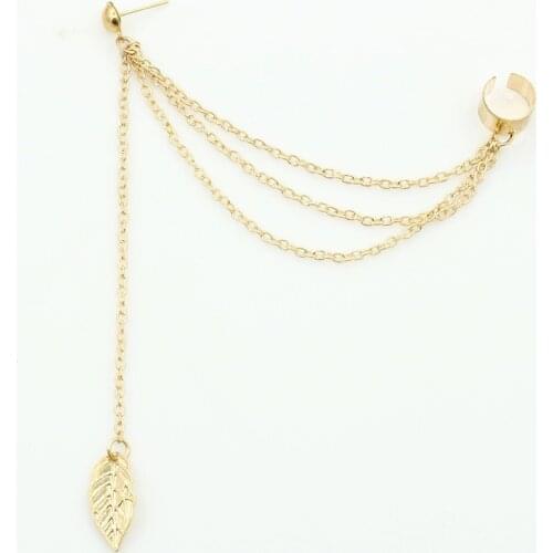 Chain Linked Metallic Leaf Pendant One Side Clip One Side piercing Trendy Clip Earrings for Women Fashion Ear Wrap Jewelry