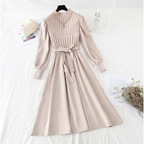 Elegant Splice Knit Midi Dress 2021 New Long sleeve Basic A Line Corduroy Dress Vintage Half high collar Office Dress With belt