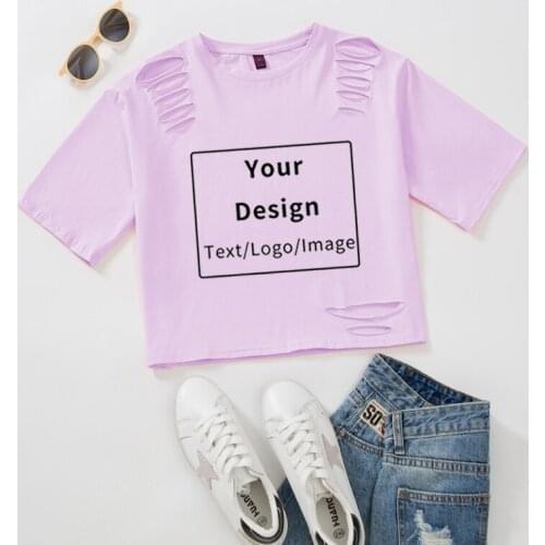 Custom Crop Top Printing Logo Cotton Tshirt for Ladies Hole T Shirt Your Logo Design Top for Women Korea Style Harajuku Clothes