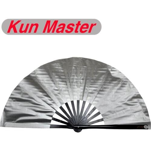 Kun Master 34 Cm Bamboo Chinese Kung Fu Tai Chi Fan Silver Cover Black Staves
