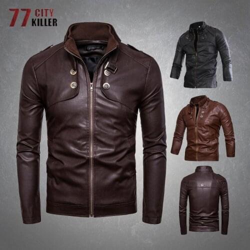 Washed Leather Jacket Men Vintage Multi-button Stand Collar Mens PU Jackets Casual Fashion Motorcycle Biker Leather Coats Male