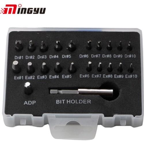 22pcs Mini size Damaged Screw Extractor Set With Extension Bar and Adapter Broken Bolt Guide Remover Speed Out Tool Kit