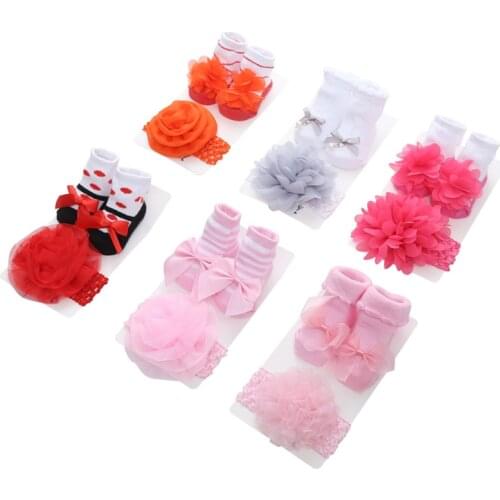 Striped solid color lace baby socks bow princess cute baby socks headband set