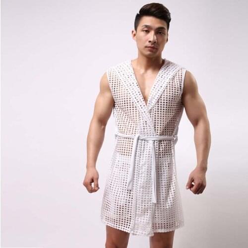Sexy Robe Sleepwear Mesh Hoodie Sleep Lounge Pajama Gay Wear New Mens Mesh Hollow Fashion Perspective Dressing Gown Bathrobe