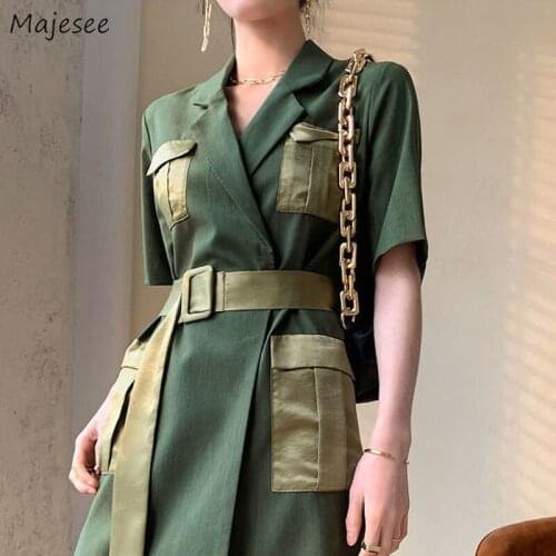 Short Sleeve Dress Women Elegant Office Lady Patchwork Cargo High-street Belt Empire Vestidos Notched Mujer Y2k Leisure Trendy