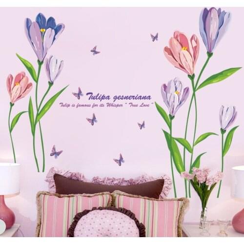 RomanticTulip Wall Stickers Flowers Purple Pink Living Room Sofa TV Backdrop Decoration Warm Bedroom Wallpaper Decal Home Decor