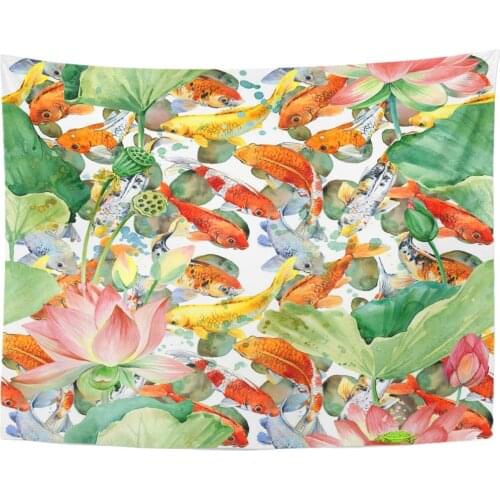 Pink Artistic Carp Koi with Flower Lotus Fish Watercolor Pond Red China Landscape Tapestry Home Decor Wall Hanging for Living