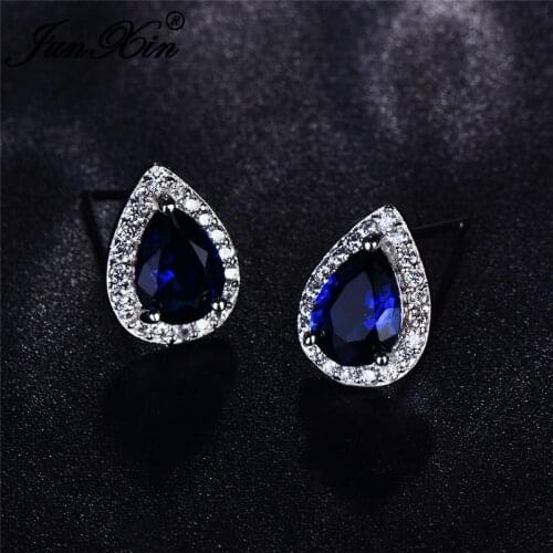 JUNXIN Female Male Royal Blue Stone Small Stud Earrings For Women Men White Gold Filled Water Drop Zircon Pear Earrings