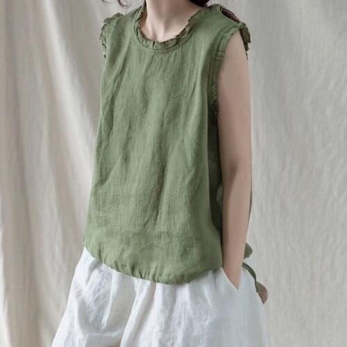 Women Summer Sleeveless Tops Tanks Ladies Solid Color Vintage Linen Tanks Female Vintage Cotton Flax Tops 2020