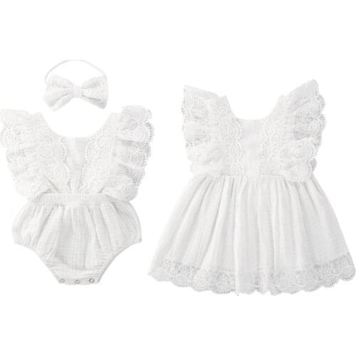 Wallarenear 0-5Years Toddler Baby Girl Dress Romper Family Matching Outfits Sleeveless Lace Floral Headband 2Pcs Set