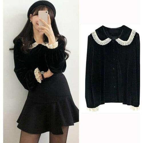 Women Velvet Lace Blouse Shirts Retro Lace Lolita Tops Peter Pan Collar Sweet Chic Vintage Casual All-Match Stylish Blouses