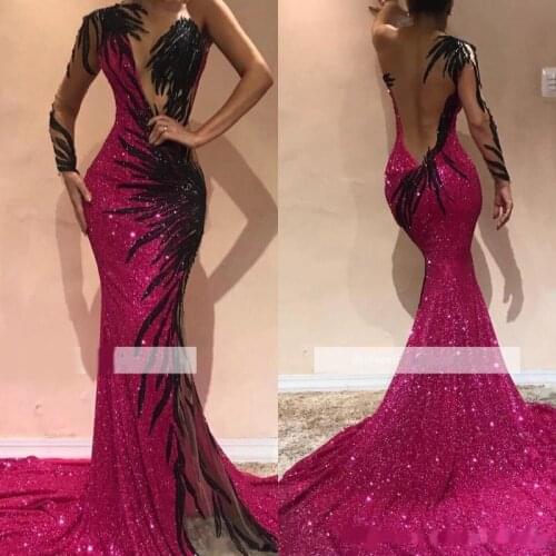 Abendkleider 2020 ogstuff Sexy Backless Mermaid Prom Dresses Sequin One Shoulder Elegant Arabic Long Sleeve Evening Formal Party