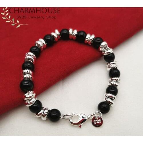 925 Sterling Silver Bracelets For Women Lady Black Beads Link Chain Bangle Bracelet Wristband Pulseira Fashion Jewelry Wholesale