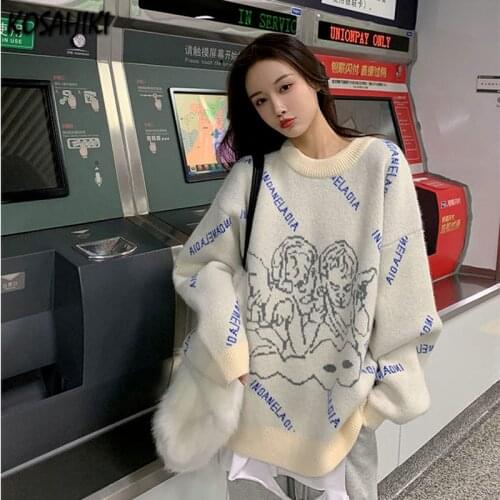 KOSAHIKI Harajuku Black White Punk Style Knitted Sweater Autumn Korean Oversize Women Street Loose Vintage Angel Casual Pullover