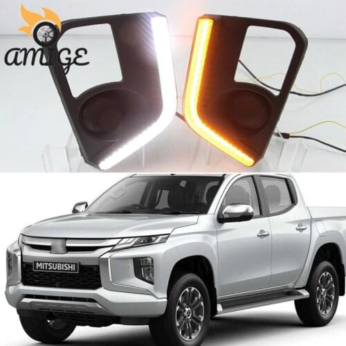 12V Car LED Daytime Running Lights DRL For Mitsubishi Triton L200 2019 Yellow Turn Signal Daylihgts Front Bumper Headlamp