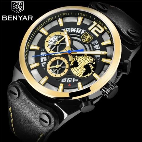 BENYAR Men Watch Chronograph Waterproof Sport Genuine Leather Mens Wrist Watches Top Brand Luxury Military Army Male Clock 5141