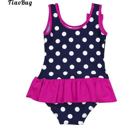 TiaoBug Baby Kids Girls Summer Polka Dots Print Swimwear One-piece Swimsuit Sleeveless Ruffles O-Neck Bowknot Bathing Bodysuit