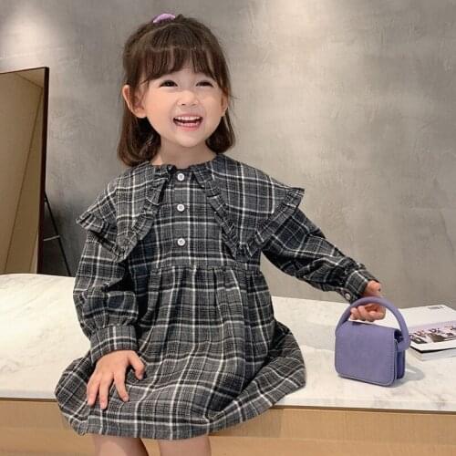 Kids Girls Plaid Dress Little Girls Casual Long Sleeve Princess Dress Children Cute Big Collar Costume Preppy Style Outfits 2-6Y