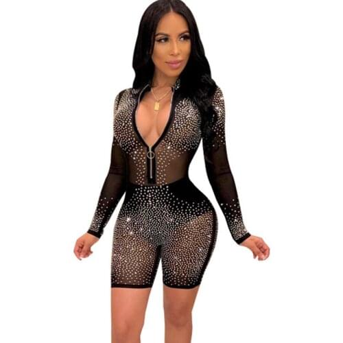 Women Mesh Rhinestones Sparkly Playsuit Shorts Jumpsuit Sexy Sheer Transparent Zipper Long Sleeve Skinny Nigh Club Party Romper