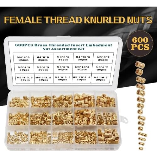 600 PCS M2 M3 M4 M5 Female Thread Knurled Nuts Brass Threaded Insert Embedment Nuts Assortment Kit Bolts and Nuts