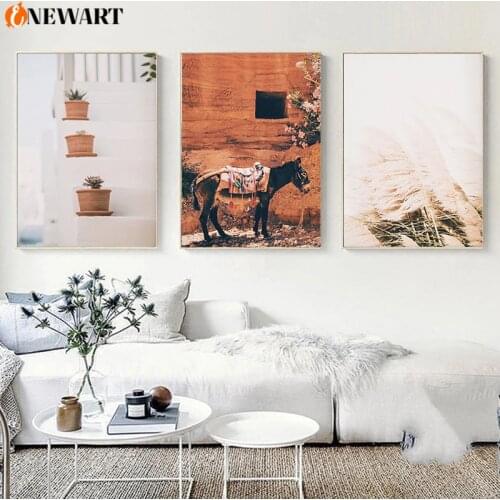 Greece Landscape Wall Art Terracotta Canvas Painting Wall Poster Hourse Potted Plants Decoration Pictrue Decoration Picture