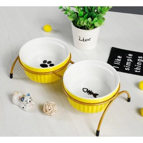 Ceramics Cervical Protection Double Feeder Dishes For Pet Cat Dog Puppy Food And Water Dish Bowls With Retro Iron Stand ZH736
