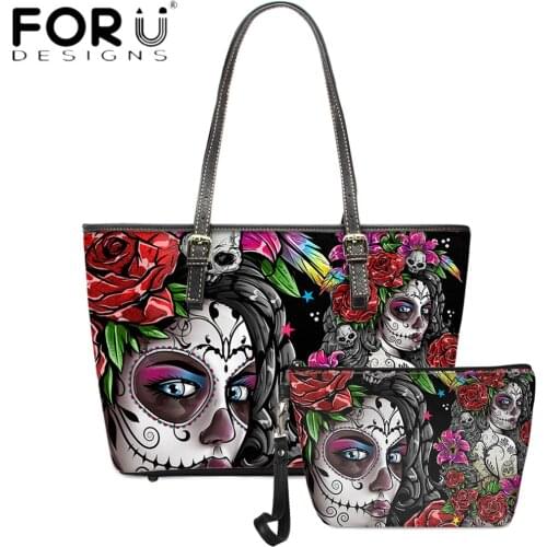 FORUDESIGNS Fahsion Womens 2pcs Set Totes Bags Sugar Skull Girls Day of Dead Printing Lady PU Purse Shoulder Set Handbags Sac