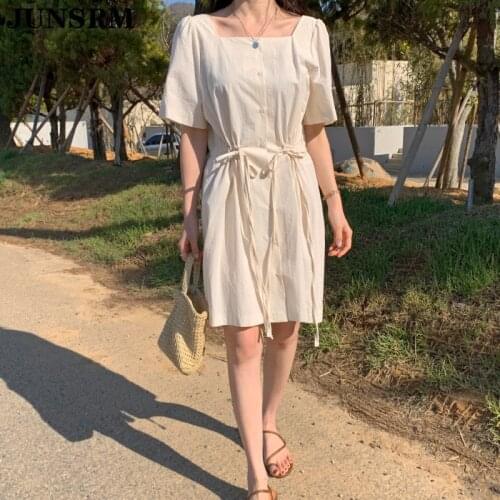 Summer Girls Dress Women Vintage Solid Drawstring Short Sleeve Dresses Female Casual Cotton Linen Boho Robe Femme Vestidos 2020