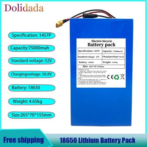 52V 14S7P 75000mAh 18650 2000W lithium battery for balance car, electric bicycle, scooter, tricycle