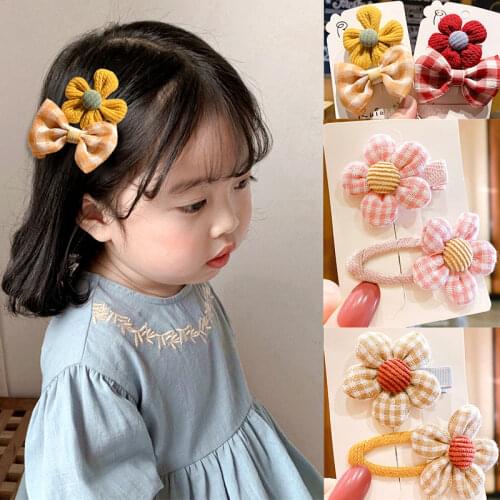 Kawaii Small Flowers Baby Hair Clips Pins For Kids Toddler Baby Girls Plaid Hair Accessories Set Child Barrettes Bb Clip Bow