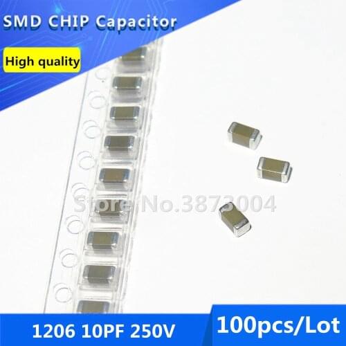 100pcs 1206 10PF 250V 5% Thick Film Chip Multilayer Ceramic Capacitor