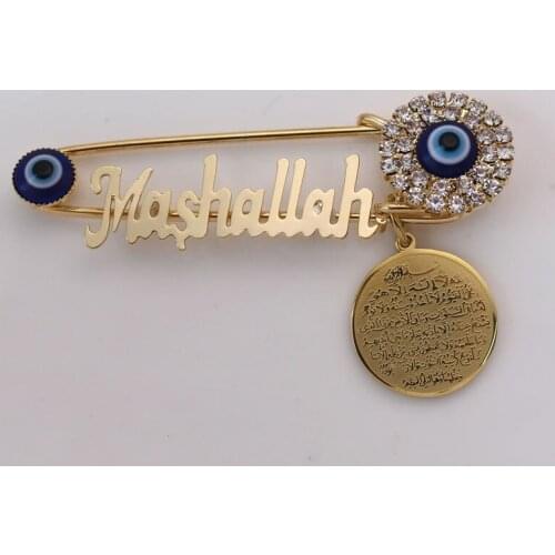 Turkish evil eye AYATUL KURSI Mashallah Stainless steel brooch islam muslim baby pin