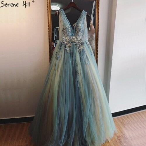 Mint V-Neck Sexy A-Line Evening Dresses Design 2020 Sleeveless Handmade Flowers Sequined Evening Gowns Real Photo LA70155