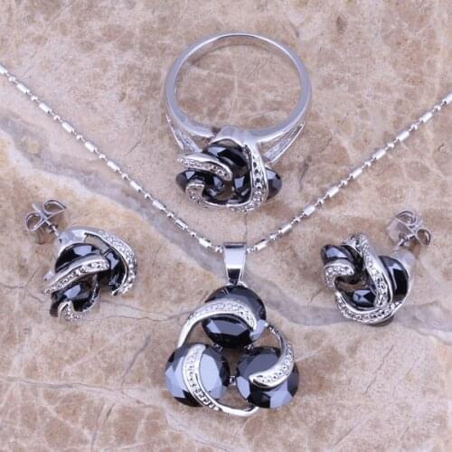 Charming Black Cubic Zirconia Silver Plated Jewelry Sets Earrings Pendant Ring Size 6 / 7 / 8 / 9 / 10 / 11 / 12 S0122