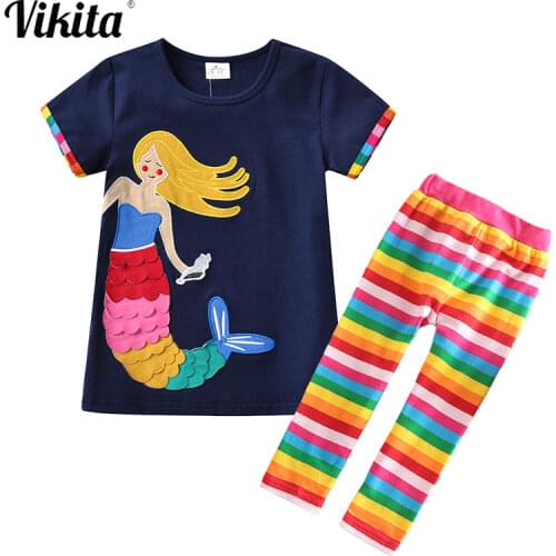 VIKITA Girls Clothes Summer Kids Casual Suits Mermaid Pattern Cotton T shirt and Rainbow Striped Pants Sets Kids Clothing 3-8Y