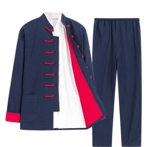 Autumn middle-aged and elderly dad and grandfather Tang suit mens Chinese style plate button Hanfu double layer cotton linen