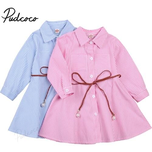 Girl Dress, Children Shirt Dress Lapel Stripe Single Breasted Long Sleeve Gown Baby Garment Slender Belt Pink Blue Spring Autumn