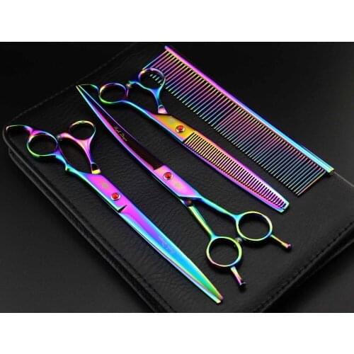 3pcs/ set Professional 8 inch Rainbow Pet grooming scissors sets pet scissors STRAIHT THINNING CURVED scissors For Dog Cat