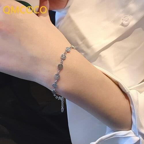 QMCOCO 925 Silver Bracelet Trendy Punk Vintage Creative Funny Face Smiley Jewelry Birthday Gifts For Women 2021 New Trendy