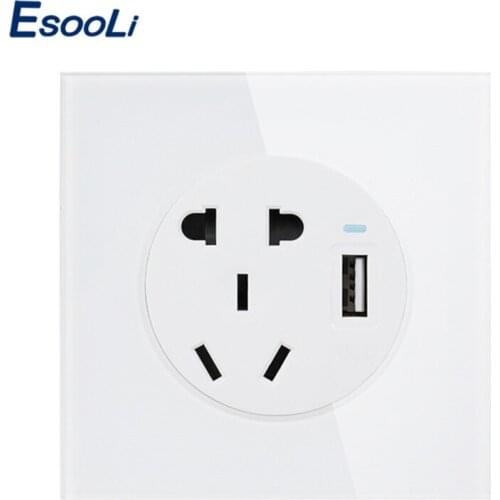 Esooli 3 colors Crystal Glass Panel 10A Wall Outlet Universal 5 Hole Power Socket With USB Fast Charging Port DC 5V 2.1A