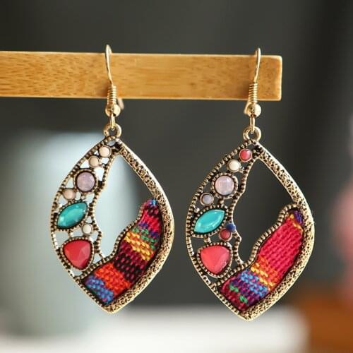 Ethnic Style Acrylic Hollow Earrings Drop-shaped Colorful Woven Fabric Retro Earrings Wholesale