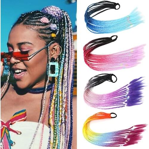 XINRAN 24 inch Pink Rainbow crochet braid Synthetic Ponytail Braids Hair Extension Braided Chignon With Rubber band hair ring